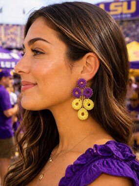 GAMEDAY LSU Tigers Minnesota Vikings Purple Yellow Gold Raffia Disc Earrings NEW
